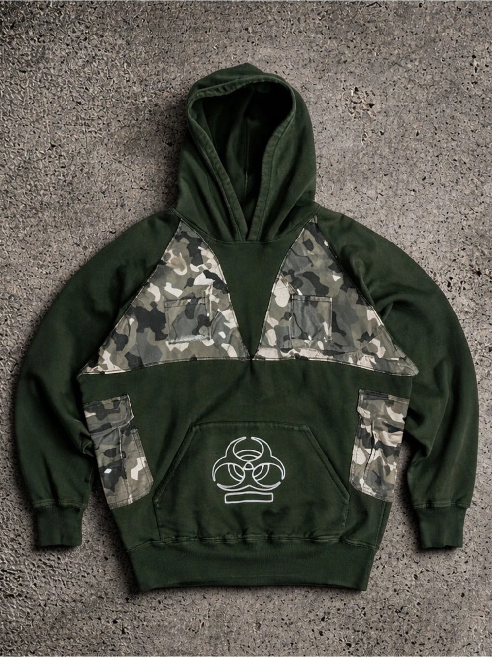 ABO Dark Green Hoodie with Camo Panels and Biohazard Graphic